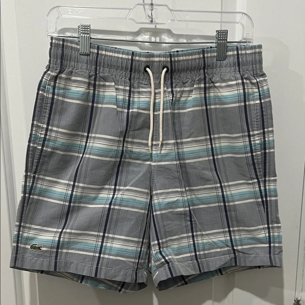 Lacoste Gray Navy and Light Blue Plaid Swim Shorts Size Small